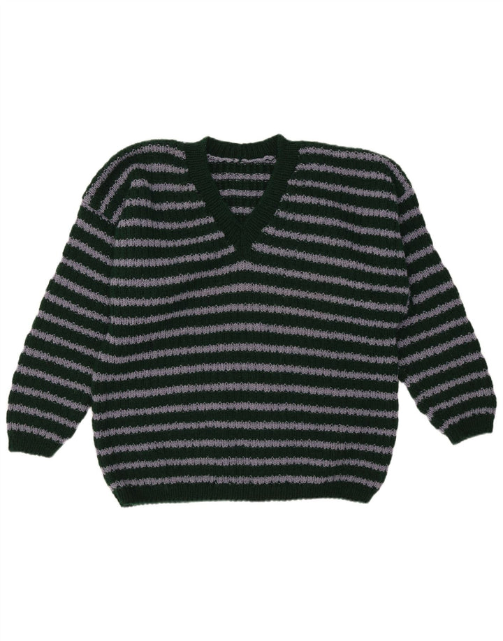 Vintage Herren V-Ausschnitt Pullover Pullover Mittelgrün gestreift