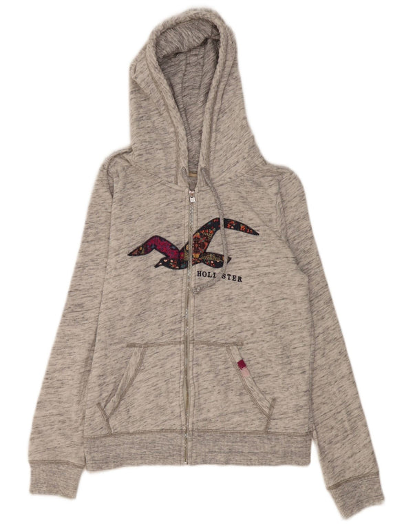 Hollister Womens Graphic Zip Hoodie Sweater UK 16 Large Grau gefleckte Baumwolle