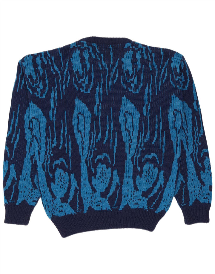 Vintage Herren Pullover mit Rundhalsausschnitt IT 50 Mittelblaue geometrische Wolle