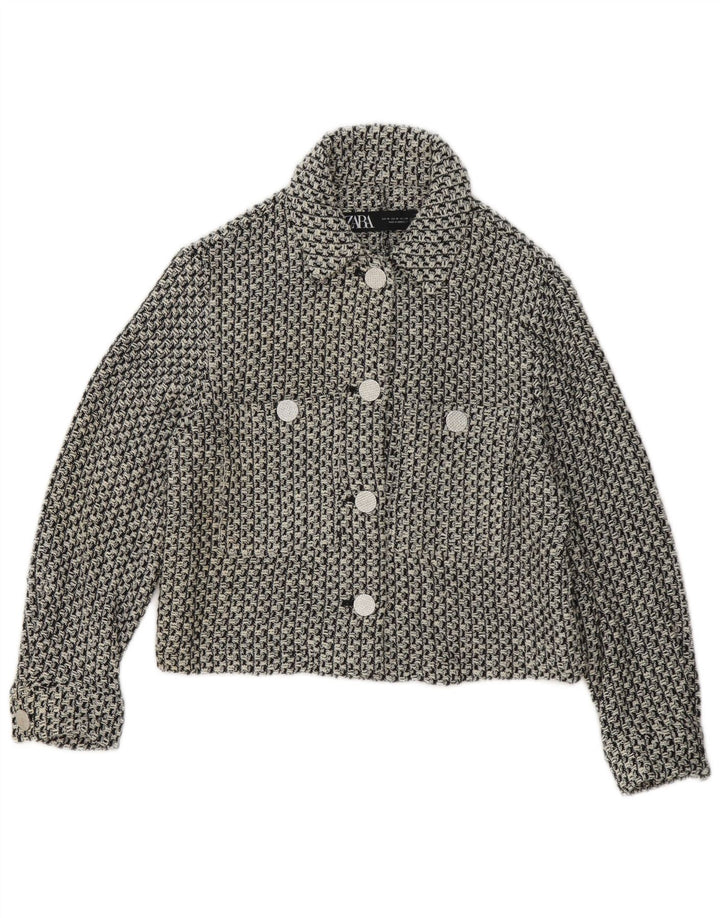 Zara Damen 4-Knopf-Blazerjacke UK 6 XS Schwarz karierte Baumwolle