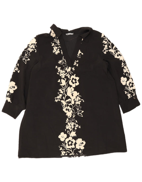 Zara Damen Langarm-Tunikakleid UK 16 Large Schwarz geblümtes Polyester