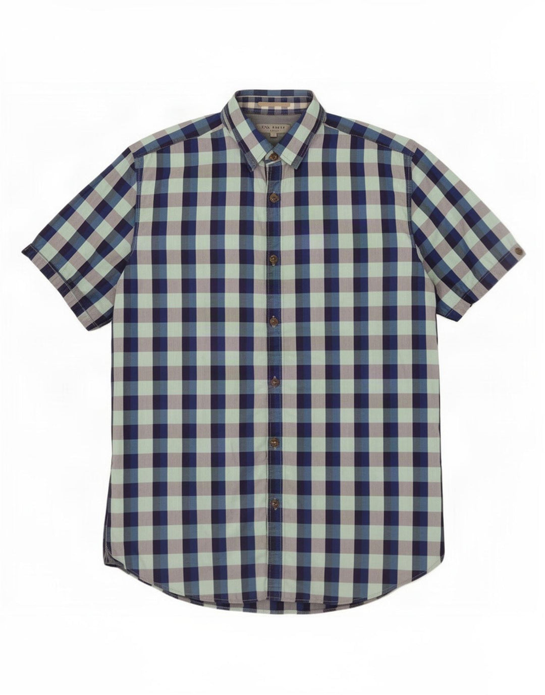 Ted Baker Herren-Kurzarmhemd, Größe 4, groß, blaue Gingham-Baumwolle