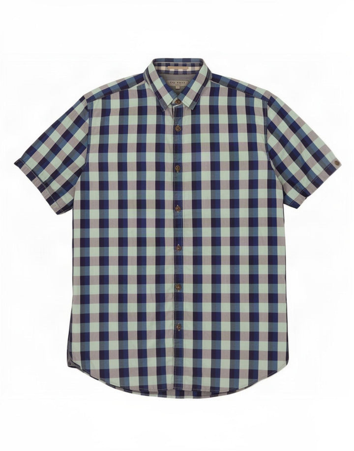 Ted Baker Herren-Kurzarmhemd, Größe 4, groß, blaue Gingham-Baumwolle