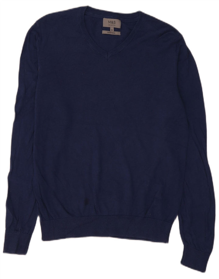 Marks & Spencer Herren-Pullover mit V-Ausschnitt aus mittelblauer Baumwolle