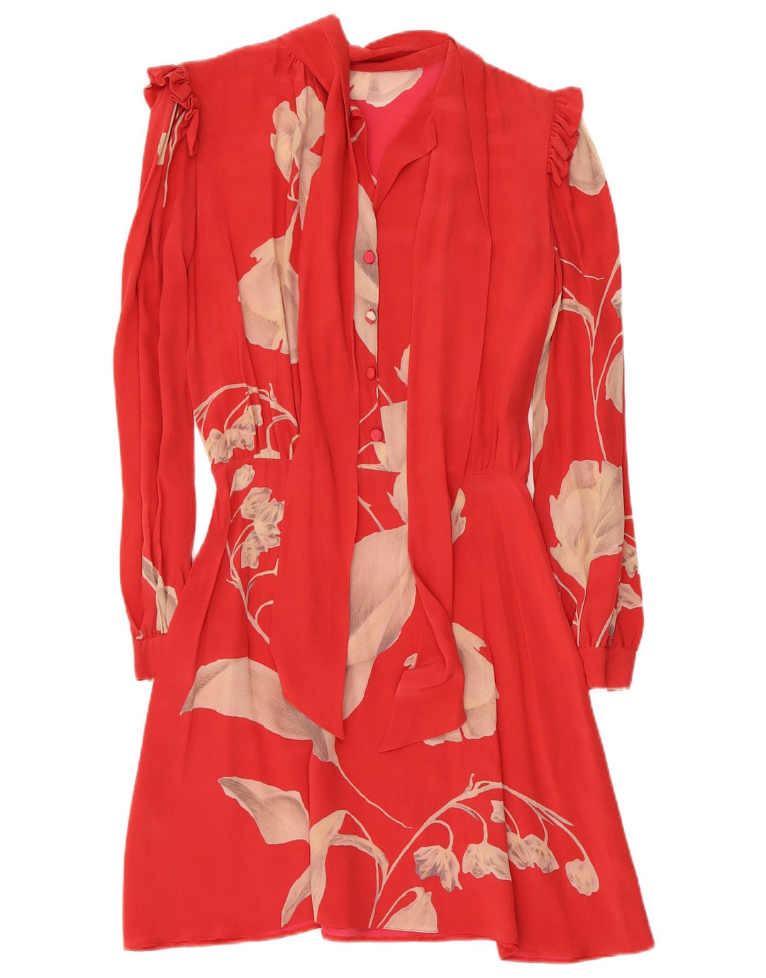 VINTAGE Womens Front Tie Long Sleeve A-Line Dress UK 12 Medium Red Floral