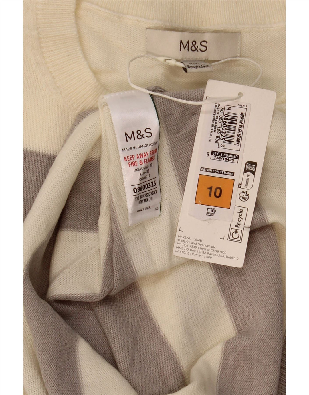 Marks & Spencer Damen-Pullover mit Rundhalsausschnitt, Gr. 10, Größe S, Beige, gestreift