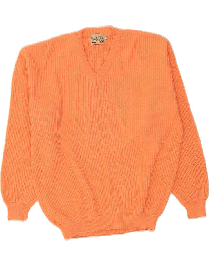 MAGLIERIA Mens V-Neck Jumper Sweater Medium Orange Vintage Maglieria and Second-Hand Maglieria from Messina Hembry 