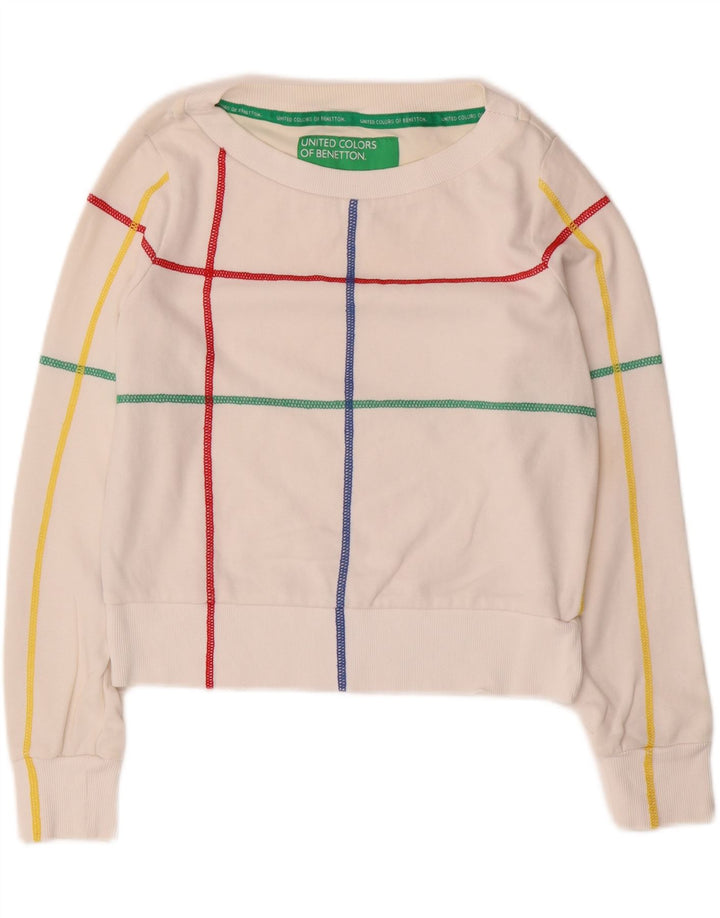 BENETTON Damen Crop Sweatshirt Pullover UK 10 Small Weiß gestreift