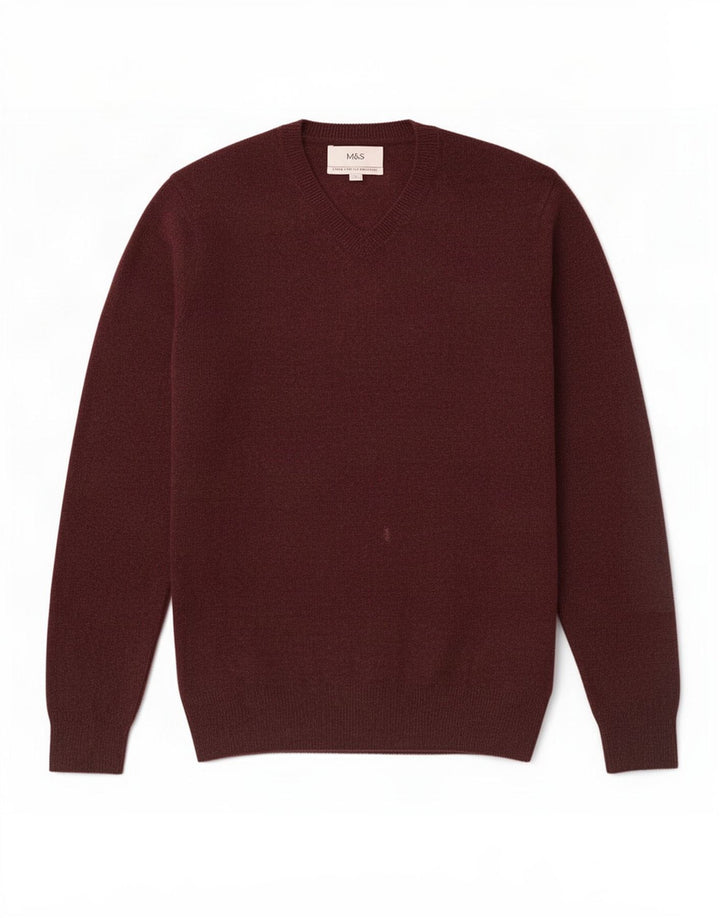 Marks & Spencer Herren-Pullover mit V-Ausschnitt, mittlerer Burgunderrot gesprenkelte Wolle