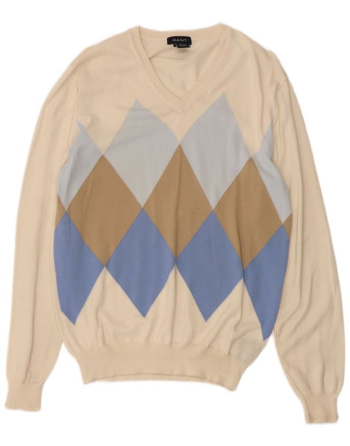 Gant Herren-Pullover mit V-Ausschnitt, mittelweiße Argyle-/Diamant-Baumwolle