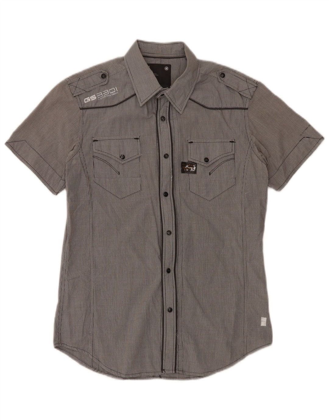 G-Star Herren-Kurzarm-Militärhemd aus mittelgrauer Gingham-Baumwolle
