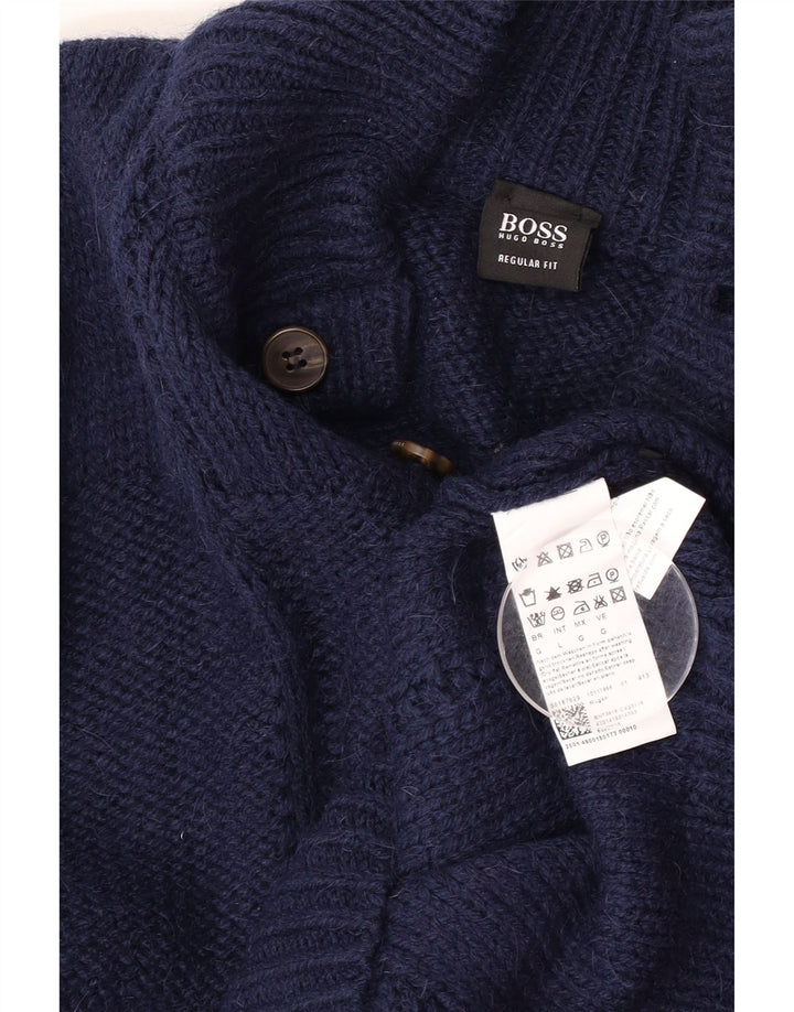 HUGO BOSS Herren-Pullover, reguläre Passform, Knopfkragen, Größe L, Marineblau