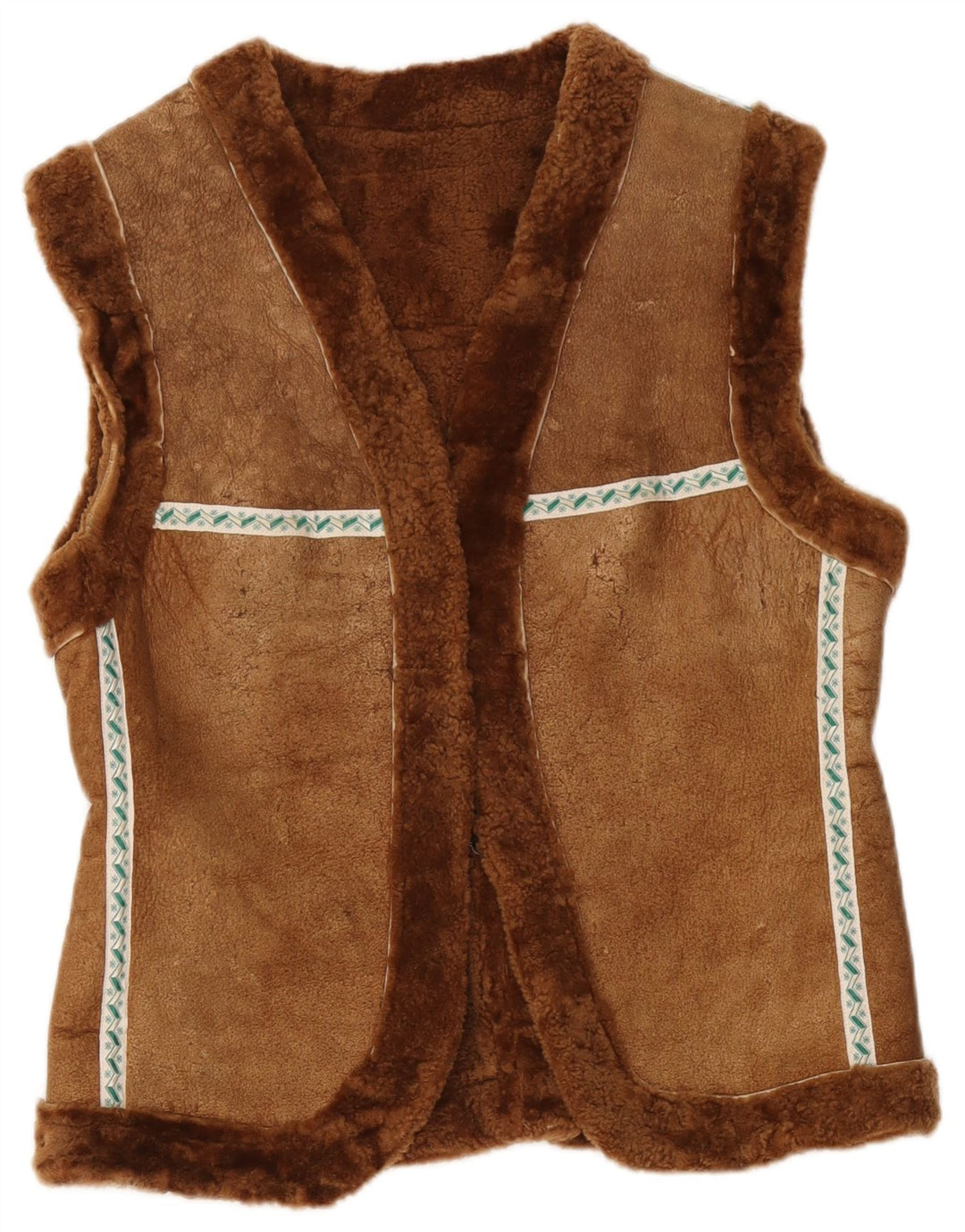 Vintage Damen Shearling Gilet UK 12 Mittelbraun Geometrisch