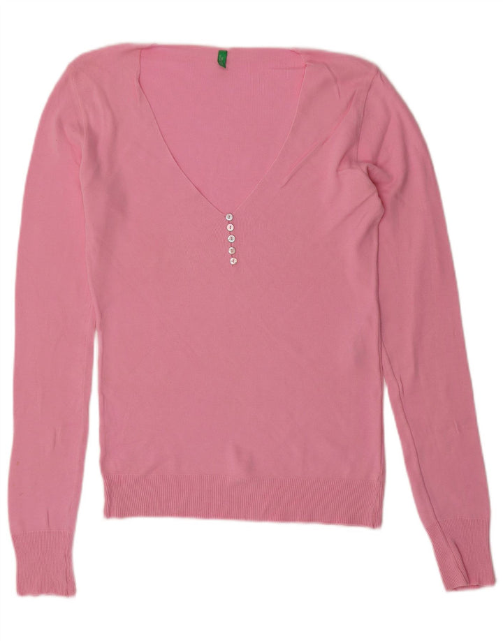 BENETTON Damen-Pullover mit V-Ausschnitt, UK 12, mittelrosa, Baumwolle