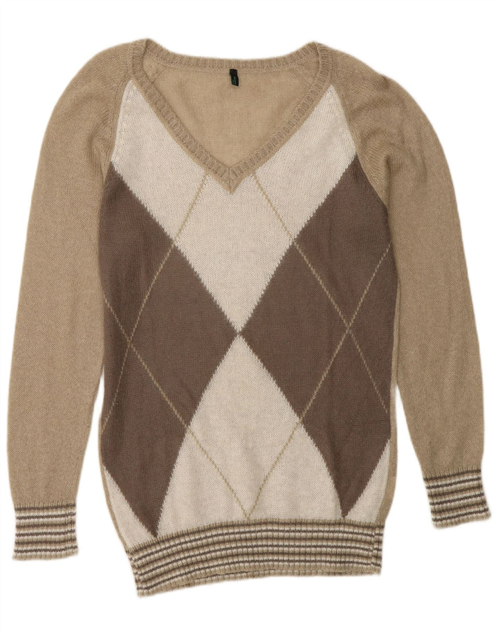 Benetton Damen-Pullover mit V-Ausschnitt, Gr. 14, Mittelbeige, Argyle-Muster/Diamant