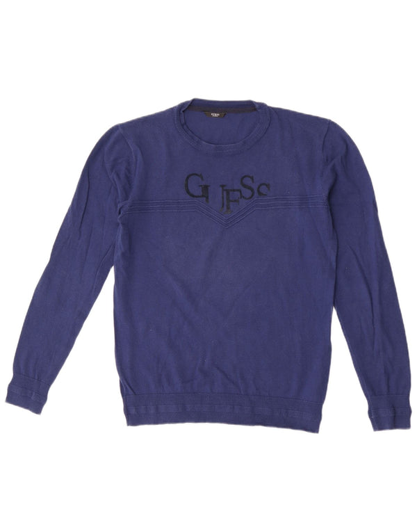 Guess Damen-Pullover mit grafischem Rundhalsausschnitt, Gr. 10, Größe S, Blau, Baumwolle