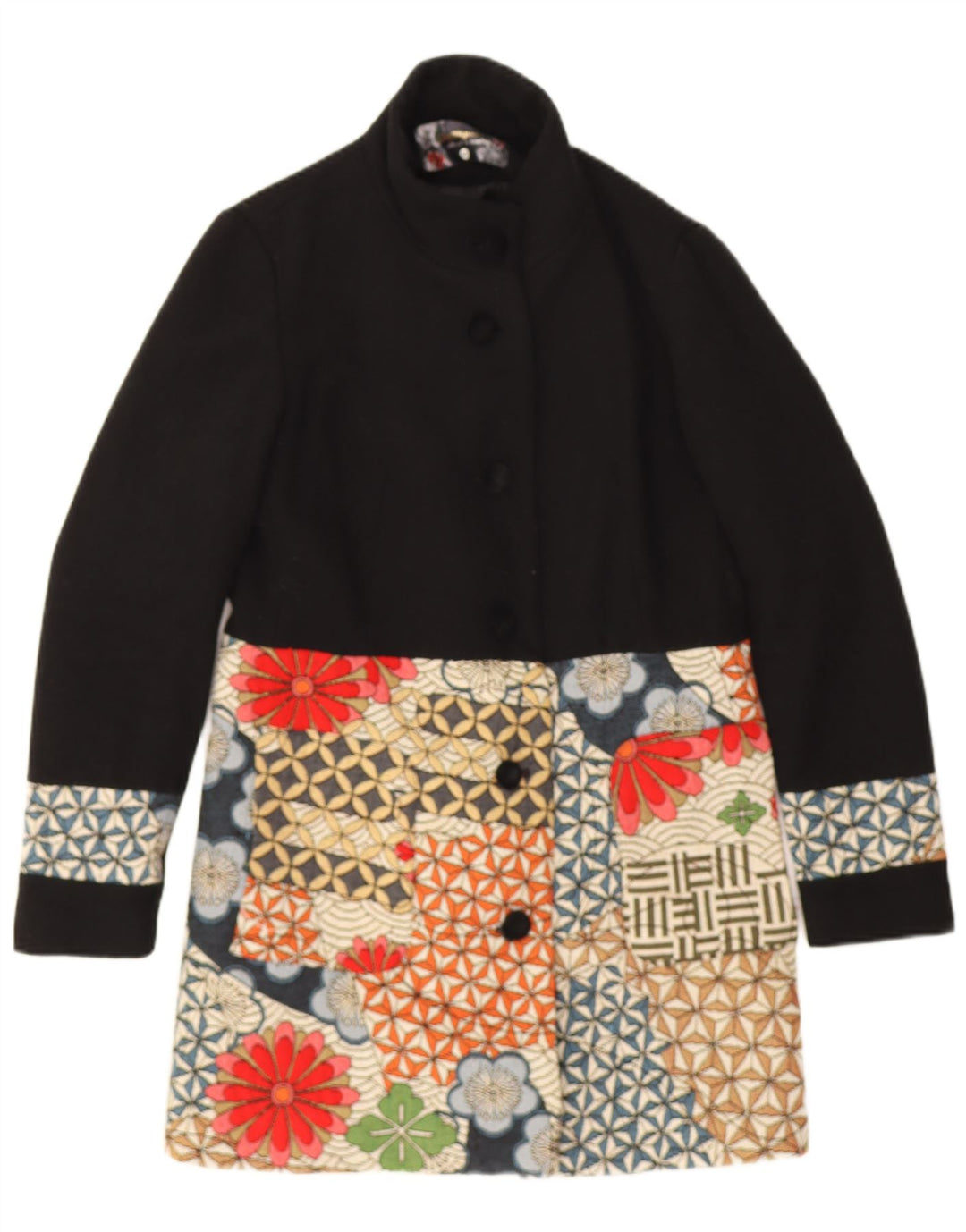 Desigual Womens Graphic Overcoat EU 40 Mittelschwarze Patchwork-Wolle