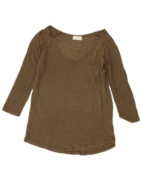 ZARA Damen Top Langarm UK 14 Large Khaki Leinen