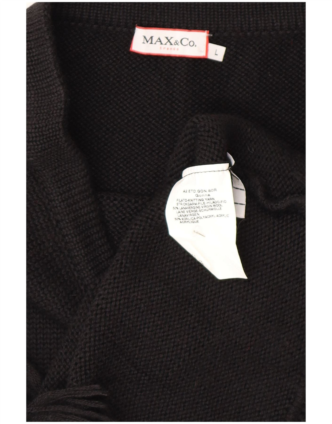 Max & Co. Asymmetrischer A-Linien-Strickrock für Damen, Größe L, W34, schwarze Schurwolle