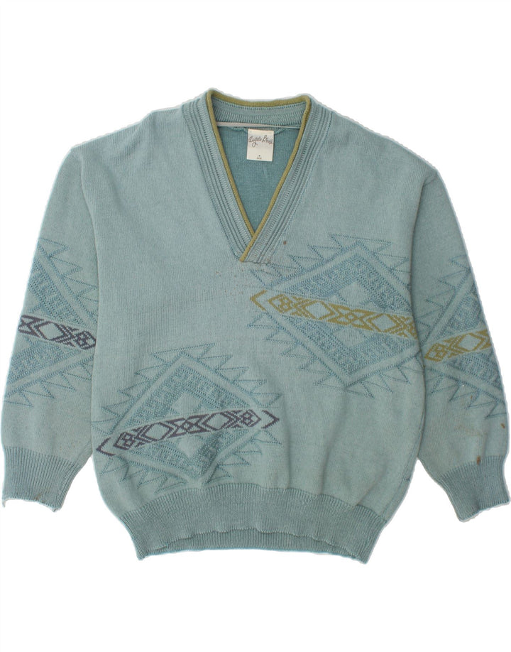 ANGELO LITRICO Mens V-Neck Jumper Sweater IT 48/50 Medium Blue Geometric Vintage Angelo Litrico and Second-Hand Angelo Litrico from Messina Hembry 