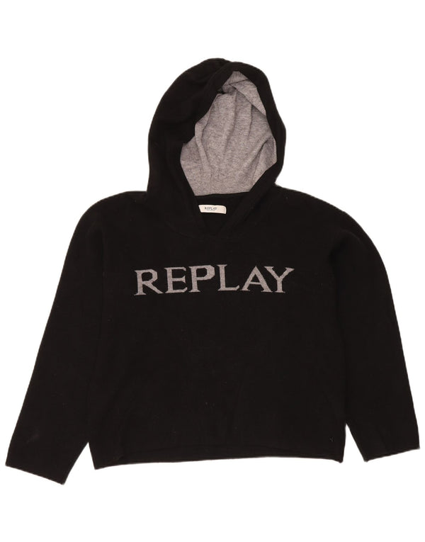 Replay Damen Crop Graphic Hoodie Pullover UK 16 Large Schwarz Viskose
