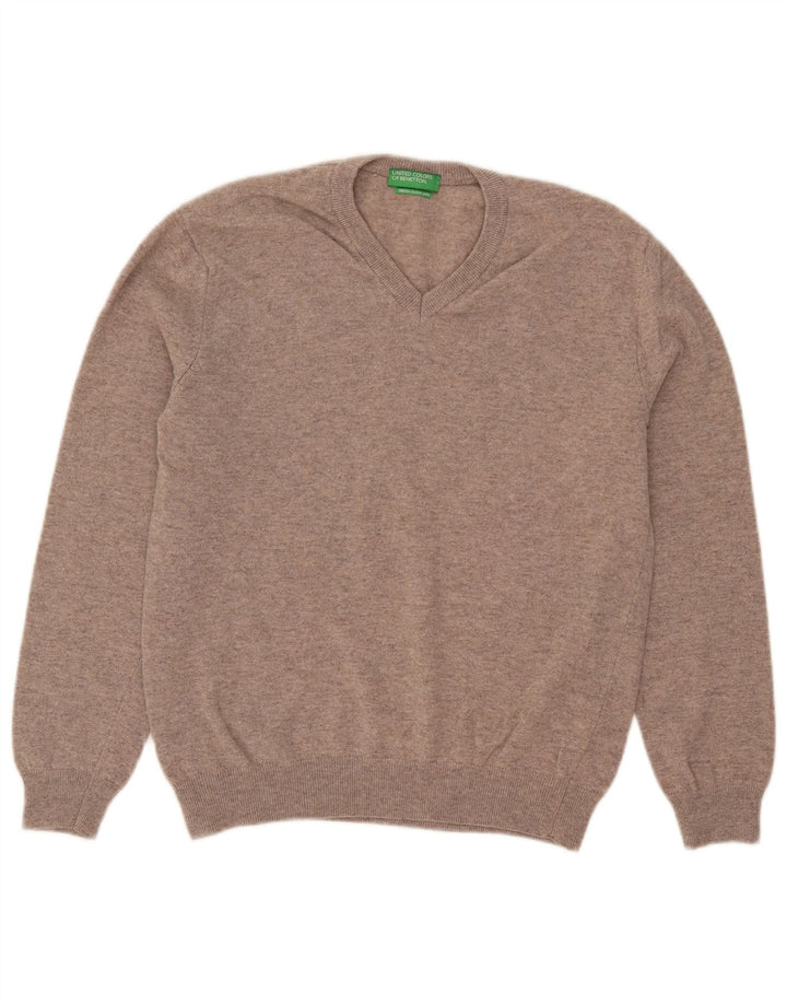 Benetton Herren-Pullover mit V-Ausschnitt, kleine beige Wolle