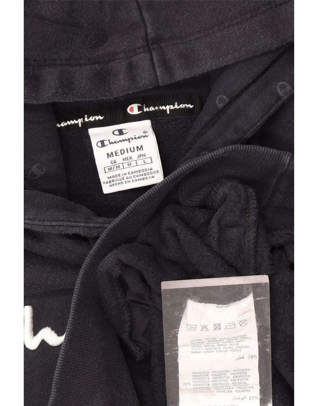 CHAMPION Womens Graphic Hoodie Jumper UK 12 Medium Navy Blue Cotton Vintage Champion and Second-Hand Champion from Messina Hembry 