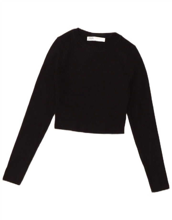 Zara Damen Crop Top Langarm UK 8 Small Schwarze Viskose