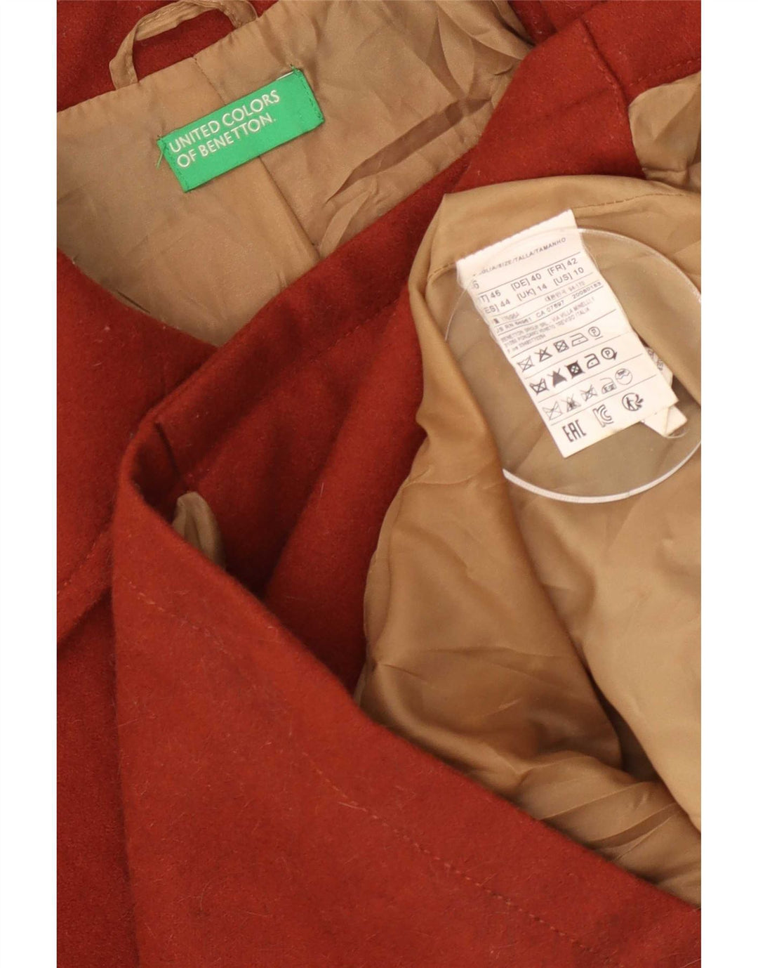 Benetton Damen Pea Coat UK 14 Große braune Wolle