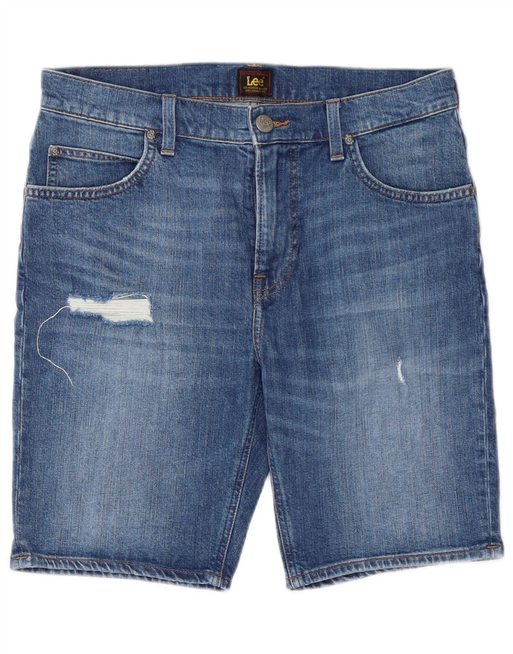 Lee Damen Rider Distressed Denim Shorts W31 Mittelblaue Baumwolle