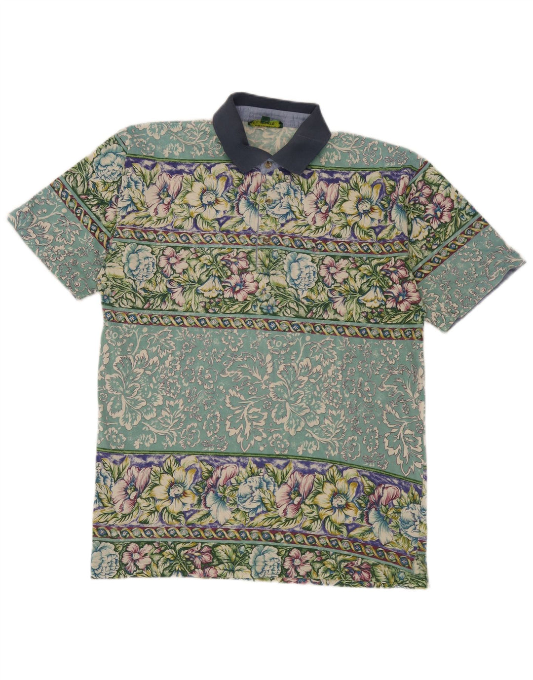 Vintage Herren Poloshirt Mittelgrüne Baumwolle mit Blumenmuster
