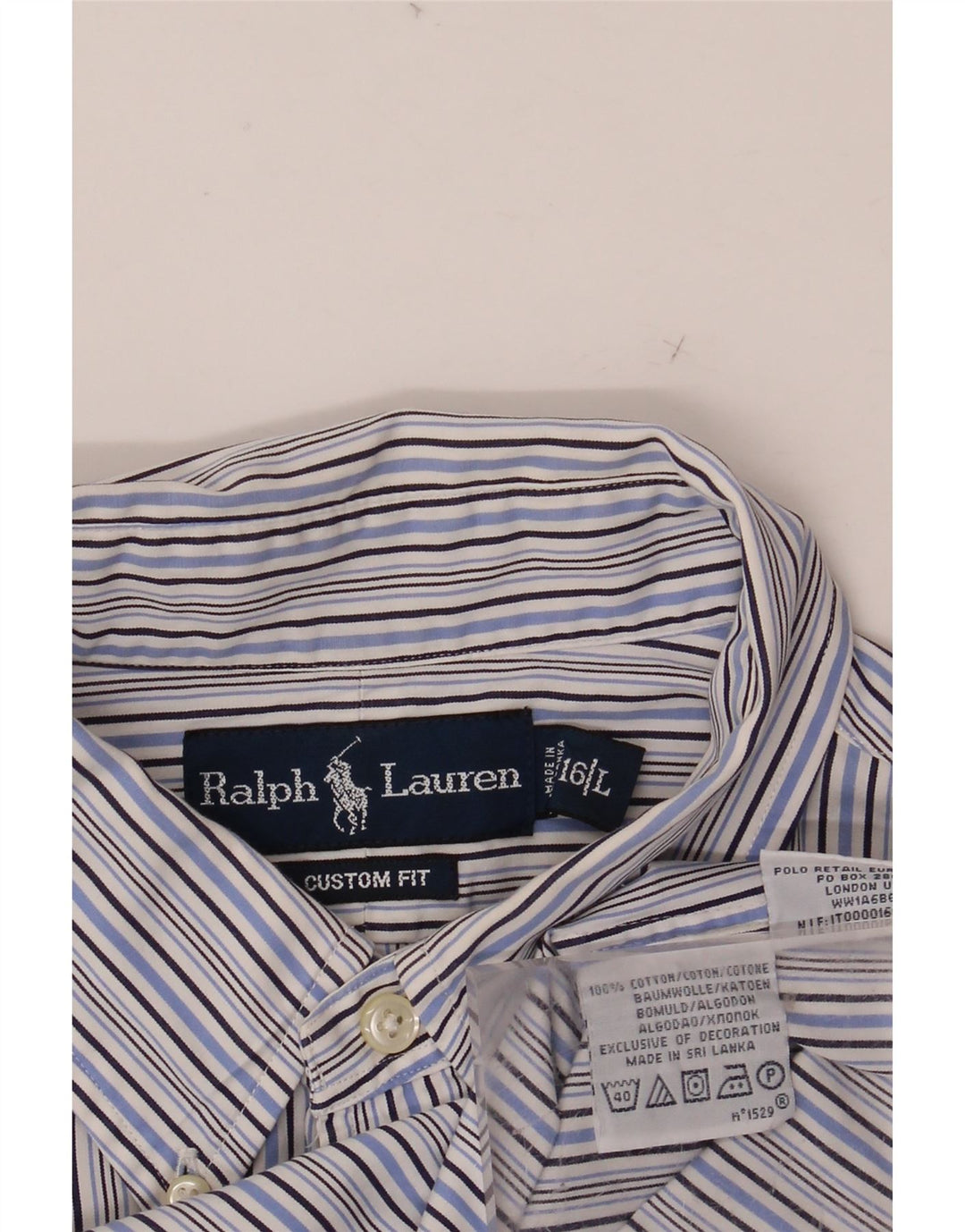 RALPH LAUREN Herren-Hemd mit individueller Passform, Größe 16, groß, blau gestreift, Baumwolle