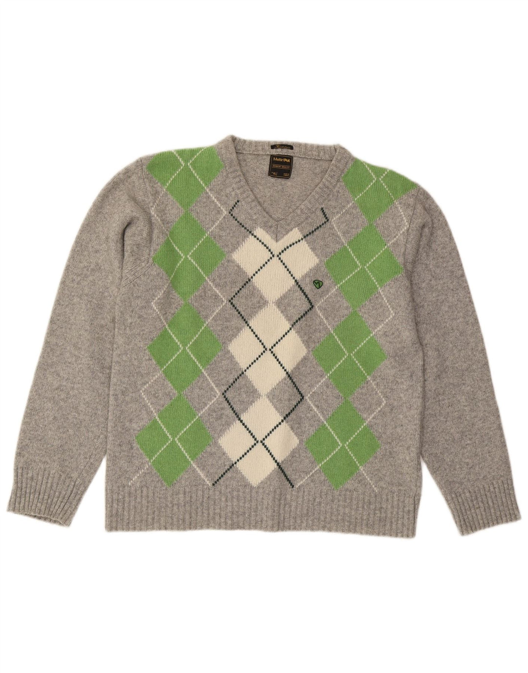 Meltin' Pot Herren-Pullover mit V-Ausschnitt, XL, graue Argyle-/Diamantwolle
