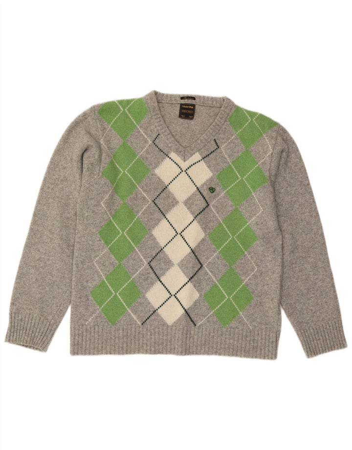 Meltin' Pot Herren-Pullover mit V-Ausschnitt, XL, graue Argyle-/Diamantwolle