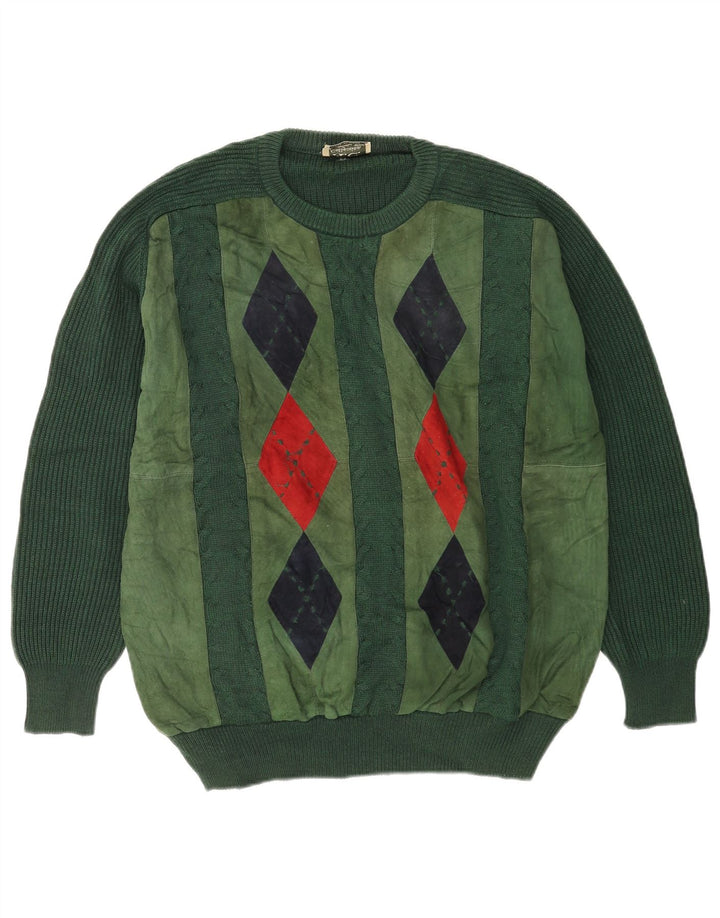 Vintage Herren Pullover mit Rundhalsausschnitt IT 52 Großes grünes Argyle/Diamantmuster