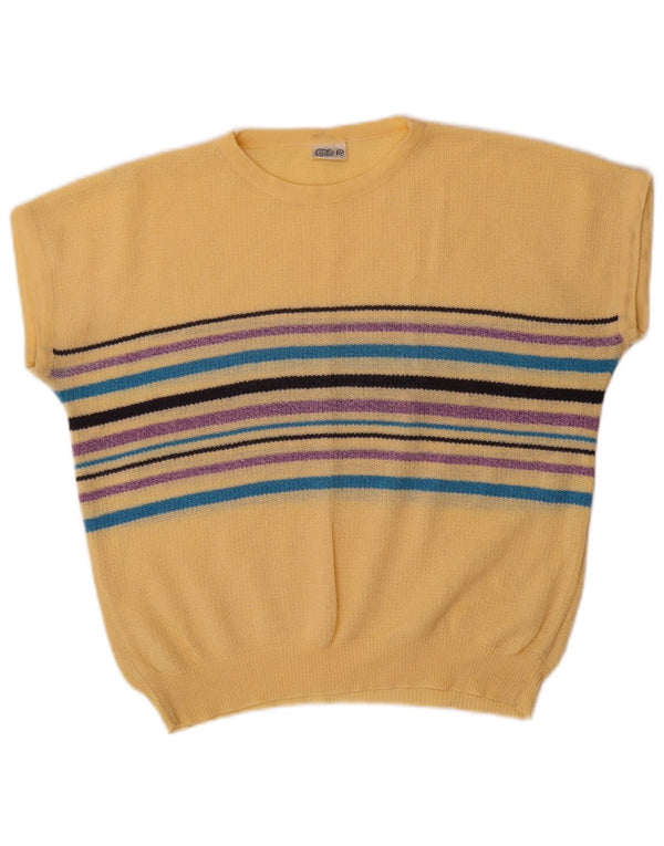 Vintage Damen Pullover mit U-Boot-Ausschnitt, Gr. 16, groß, gelb gestreift