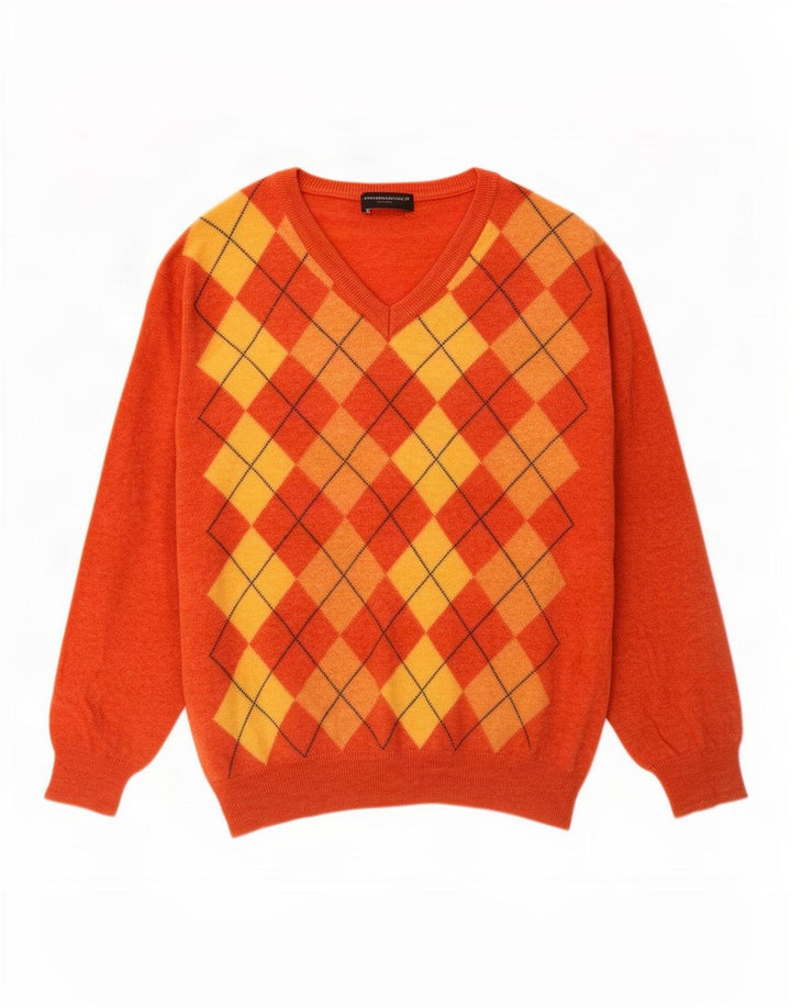 Vintage Herren V-Ausschnitt Pullover Pullover Große Orange Argyle/Diamant Wolle