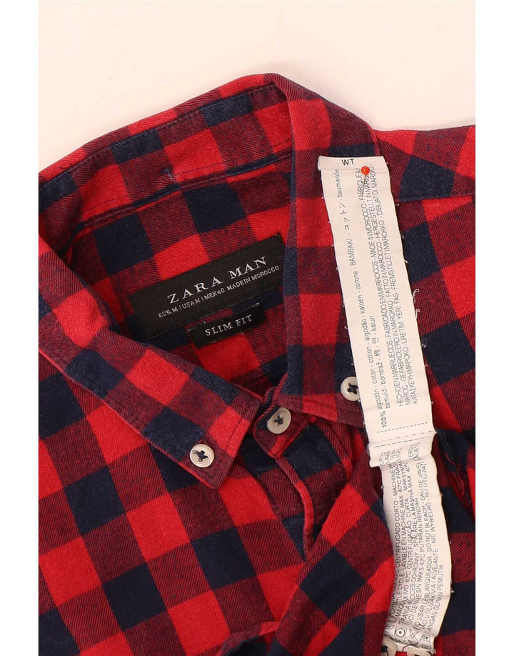 Zara Slim Fit Flanellhemd für Herren aus mittelroter Gingham-Baumwolle
