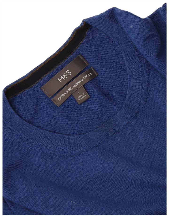Marks & Spencer Herren-Pullover mit Rundhalsausschnitt, groß, blaue Merinowolle