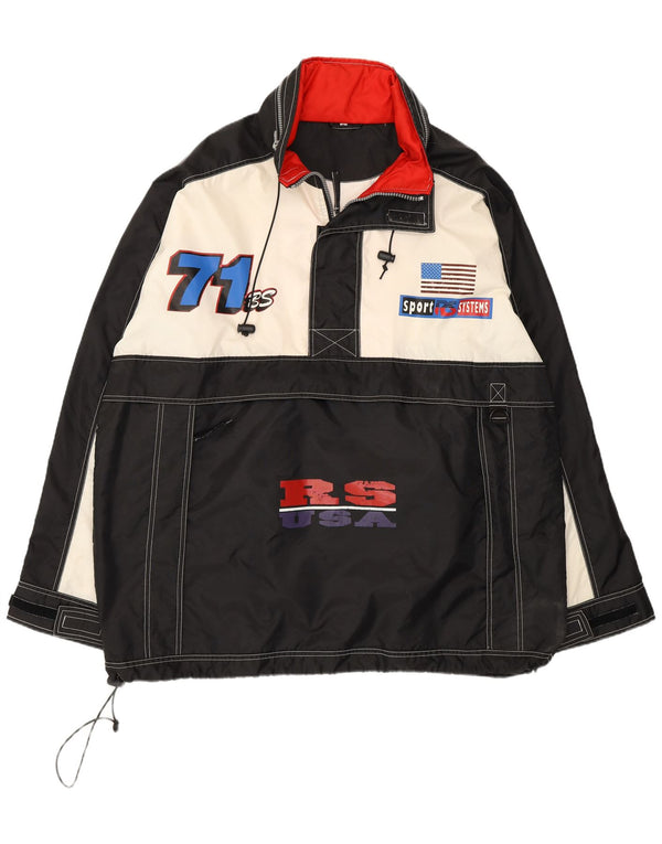 Vintage Herren USA Kapuzen-Grafik-Anorakjacke UK 42 XL Schwarzer Farbblock