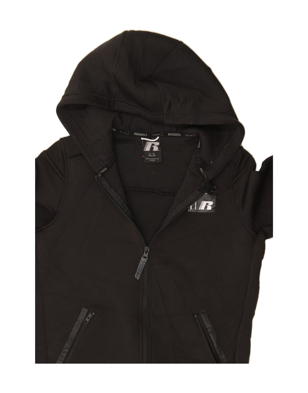 RUSSELL ATHLETIC Boys Zip Hoodie Sweater 10-11 Years Large Black Polyester Vintage Russell Athletic and Second-Hand Russell Athletic from Messina Hembry 