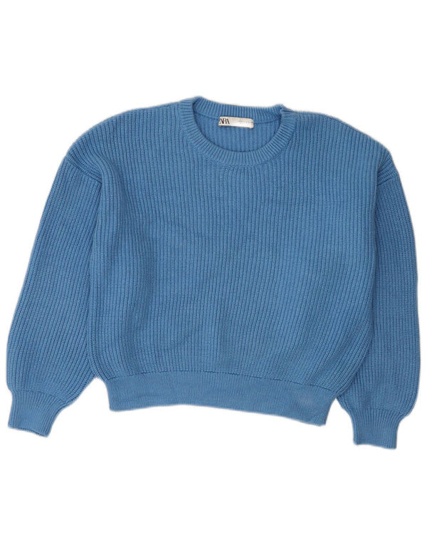 Zara Damen Crop Crew Neck Pullover Pullover UK 14 Mittelblaue Viskose