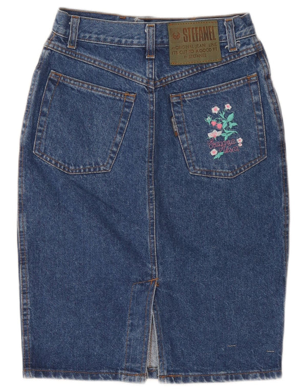 Stefanel Damen Jeansrock IT 40 Small W26 Blau geblümte Baumwolle