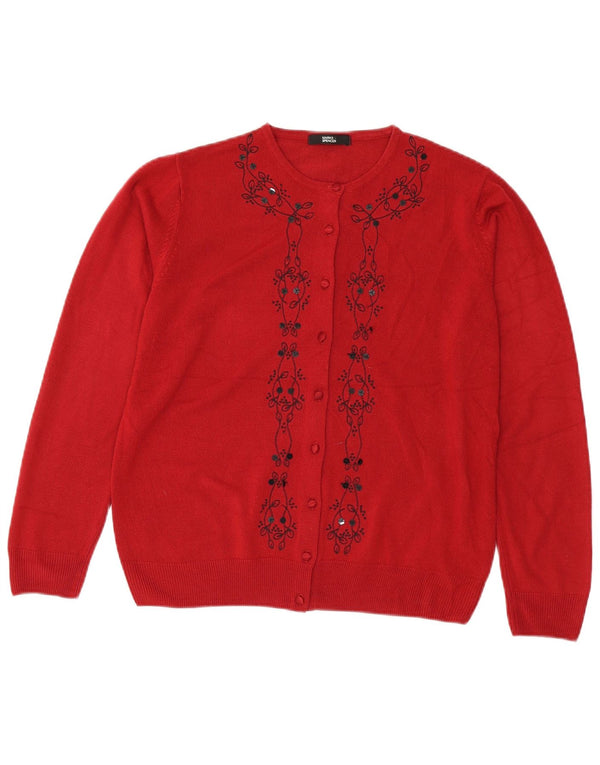 Marks & Spencer Damen-Strickjacke, Gr. 14, Mittelrot, Blumenmuster, Acryl