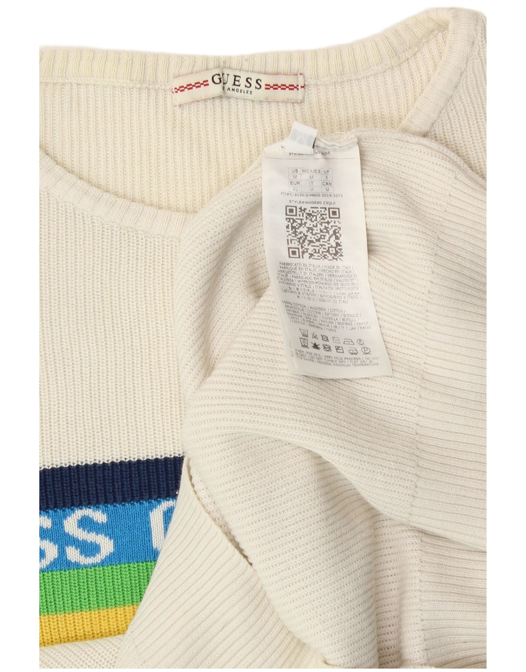 Guess Damen-Pullover mit grafischem Rundhalsausschnitt, Gr. 8, Größe S, weiße Baumwolle