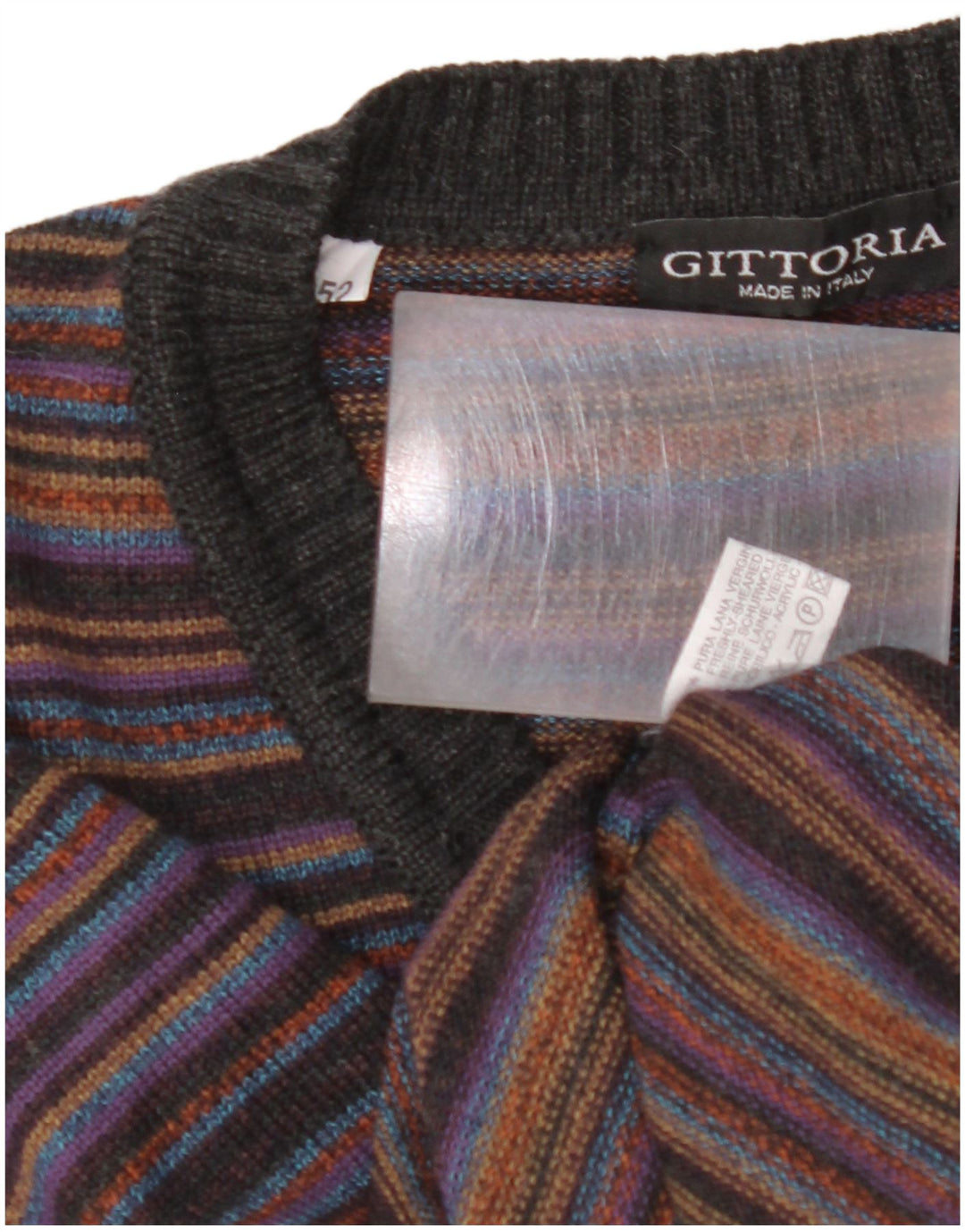 VINTAGE Herren Pullover mit V-Ausschnitt IT 52 Große mehrfarbig gestreifte Wolle