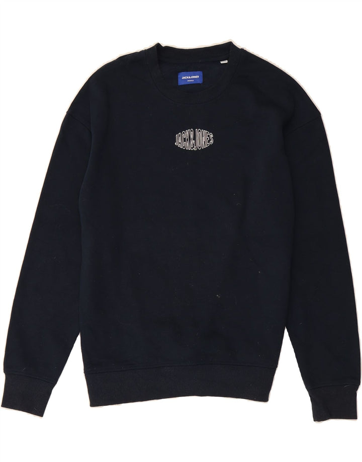 JACK & JONES Mens Graphic Sweatshirt Jumper Medium Navy Blue Cotton Vintage Jack & Jones and Second-Hand Jack & Jones from Messina Hembry 