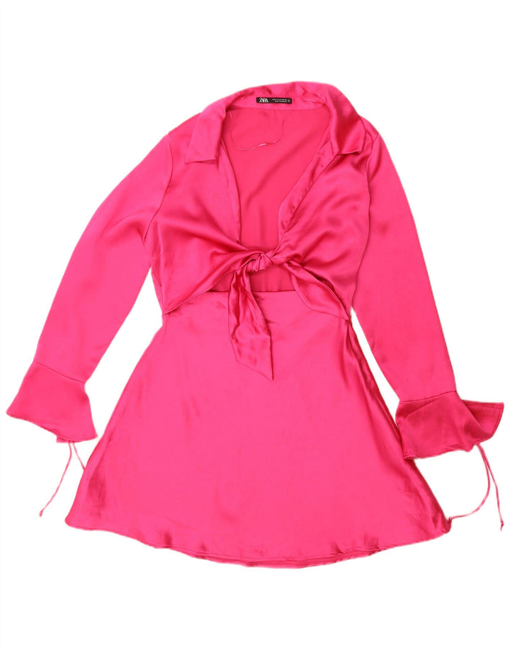 Zara Damen Langarm-A-Linien-Kleid UK 14 Mittelrosa Polyester