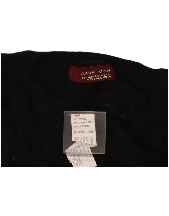 Zara Herren-Pullover mit V-Ausschnitt, durchsichtig, XL, schwarze Wolle