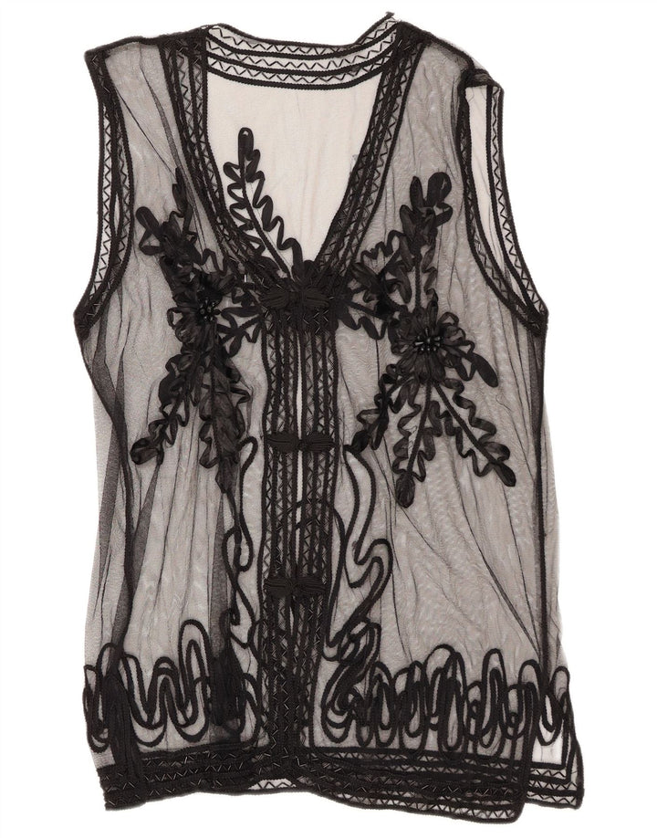 Vintage Damen Durchsichtige Hemdbluse UK 14 Mittelschwarz geblümt